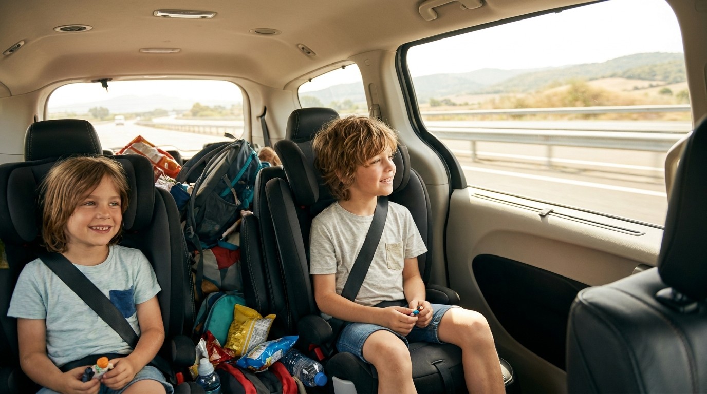 Deux enfants à l'arrière du monospace lors d'un long trajet en vacances