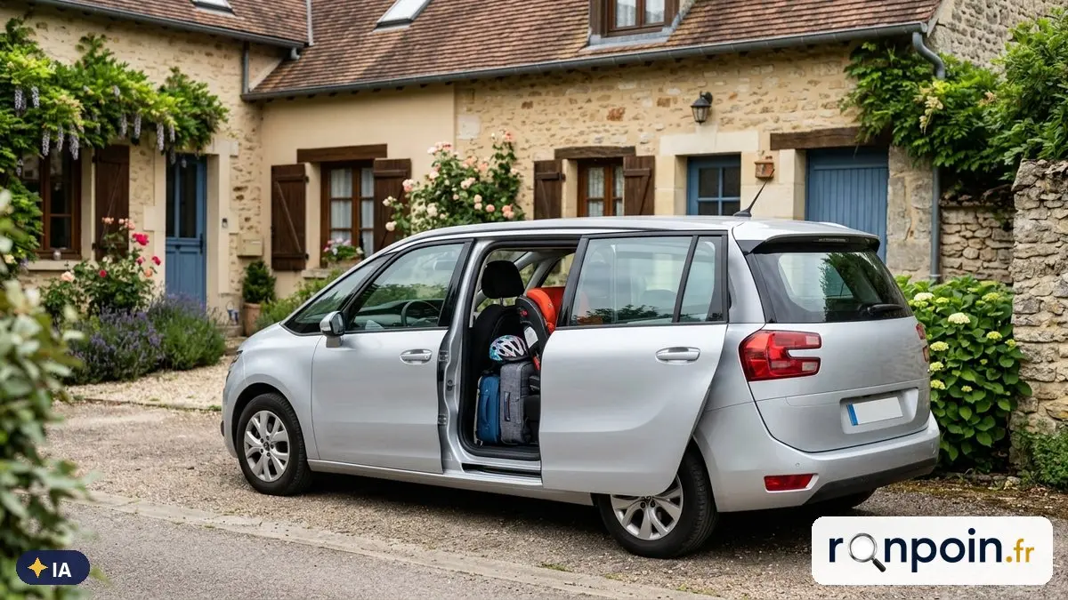 Monospace gris porte coulissante ouverte avec un siège enfant et des bagages — illustration générée par IA